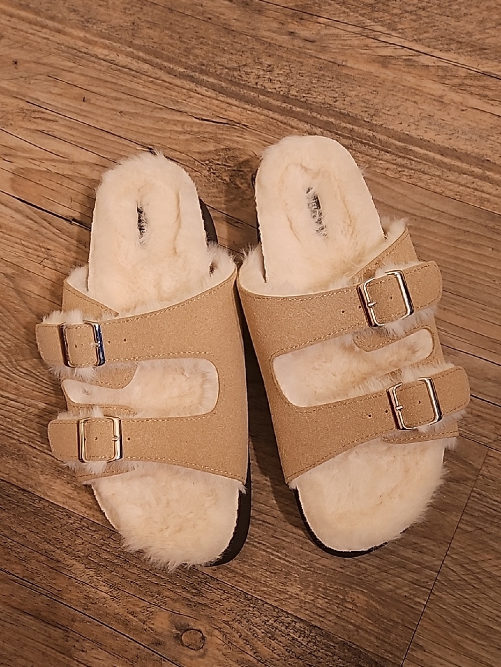 Forever 21 Faux-Shearling Double Buckle Slide Sandals in Tan